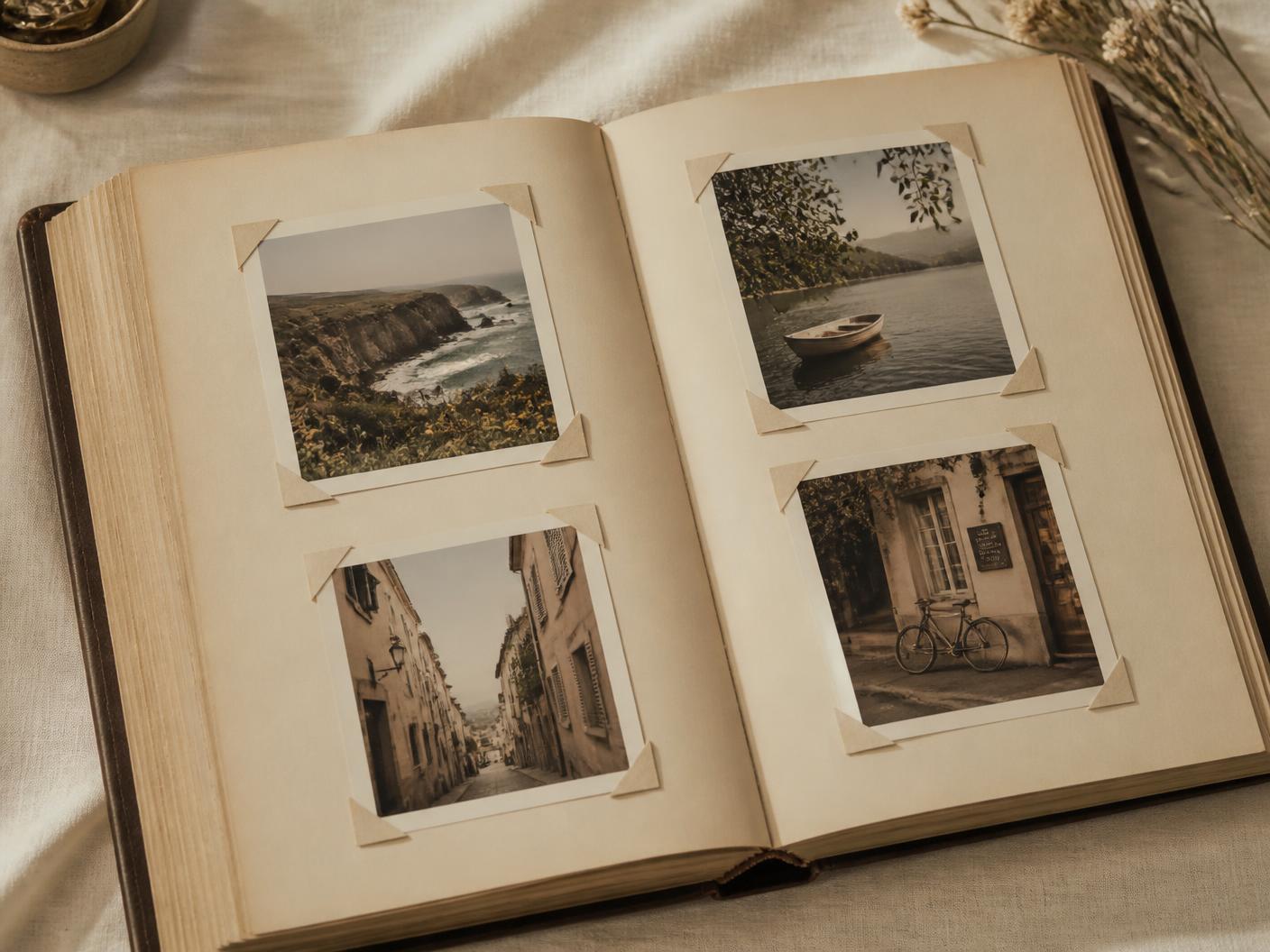 Open vintage photo album holding instant photographs