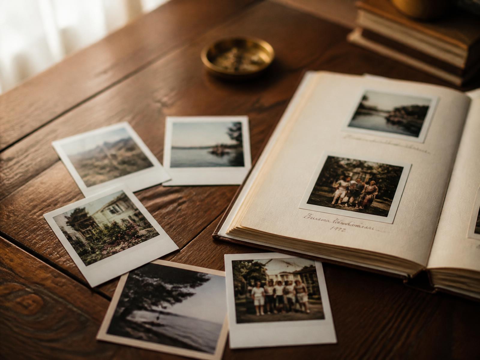 Instant photographs scattered on a wooden table beside an open vintage photo album